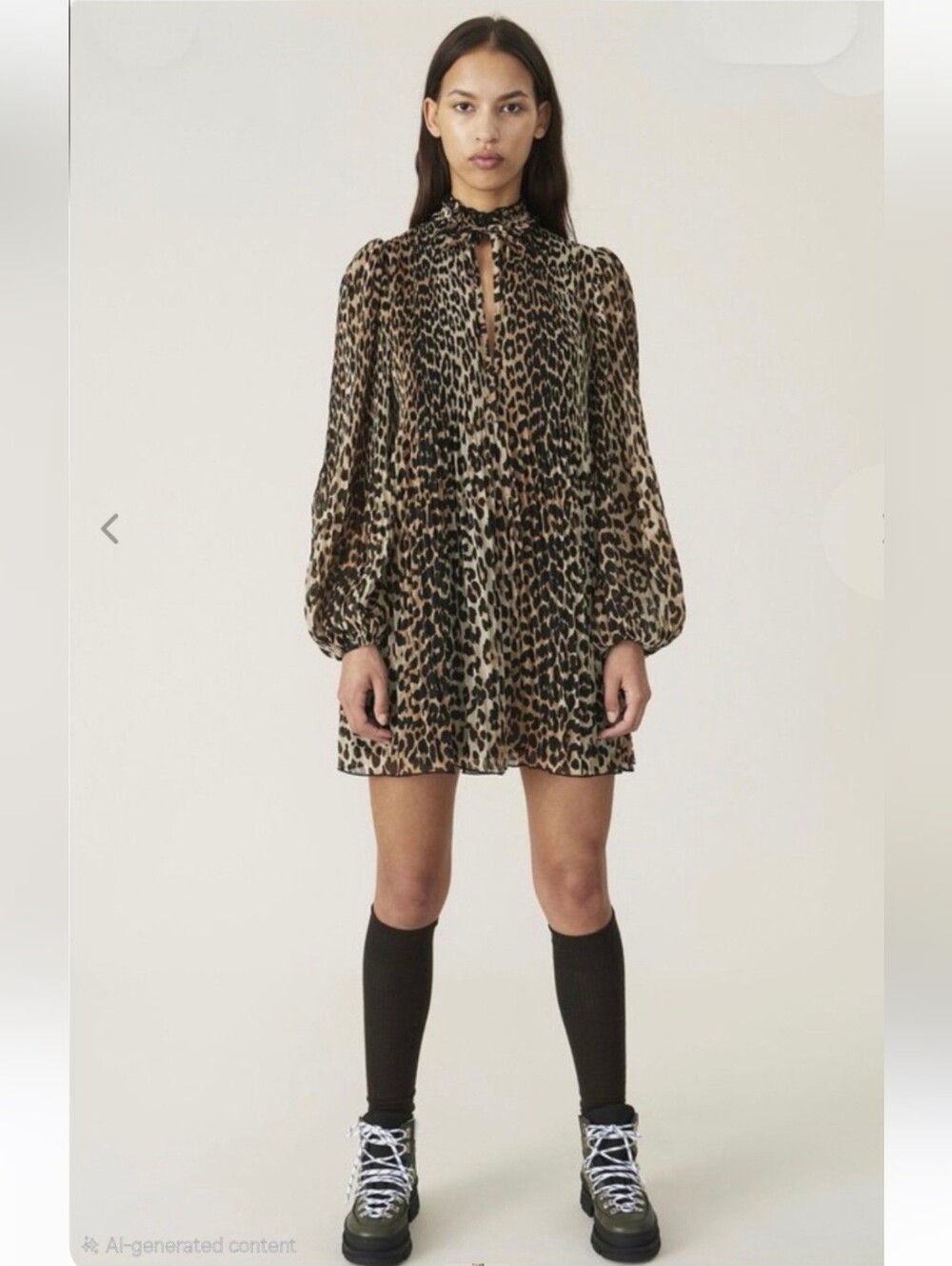 GANNI Leopard Print Georgette Mini Dress Ruffle Neck Scandi Boho Animal Print. L